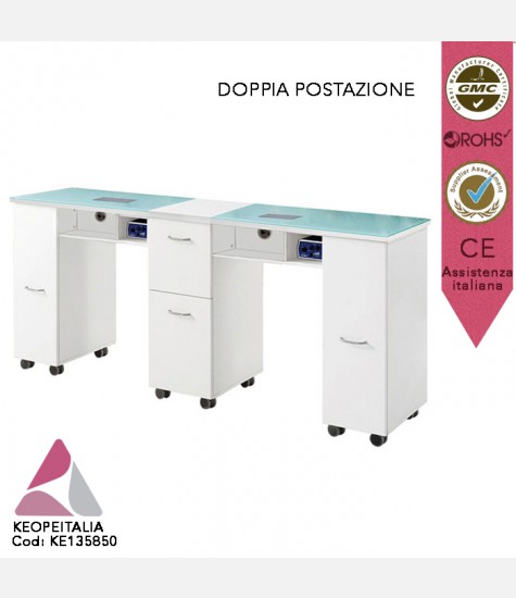 TAVOLO MANICURE DOPPIA POSTAZIONE KEOPALIA DOUBLE LUNGO 178,5 CM CON RUOTE DOPPIO ASPIRATORE POGGIAMANO  2 CASSETTI E 2 ANTE KE-135850 PER ESTETISTA SPA CENTRO ESTETICO NAIL ART RICOSTRUZIONE