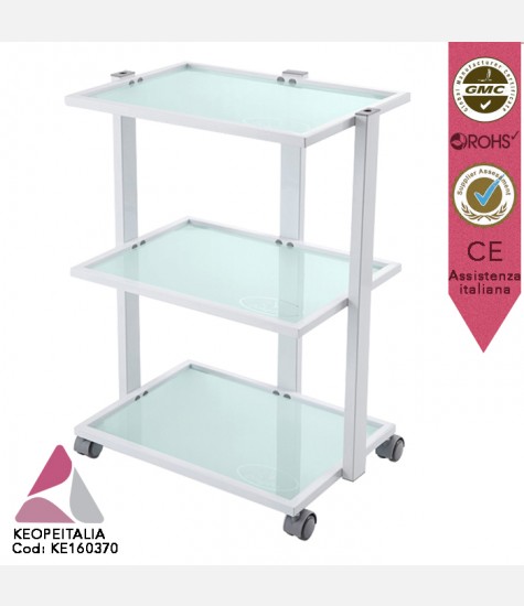 CARRELLO PORTATTREZZI BIANCO KEOPALIA FORK CON RUOTE 3 RIPIANI IN VETRO OPACO FORO PER LAMPADA KE-160370 PER PARRUCCHIERE BARBIERE ESTETISTA CENTRO ESTETICO SPA