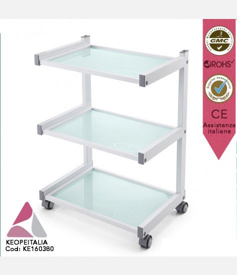 CARRELLO PORTATTREZZI BIANCO KEOPALIA RIBES CON RUOTE 3 RIPIANI IN VETRO OPACO FORO PER LAMPADA KE-160380 PER PARRUCCHIERE BARBIERE ESTETISTA CENTRO ESTETICO SPA