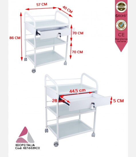 CARRELLO PORTATTREZZI BIANCO KEOPALIA ARC I CON RUOTE CASSETTO 3 RIPIANI IN VETRO OPACO KE-160390-1 PER PARRUCCHIERE BARBIERE ESTETISTA CENTRO ESTETICO SPA