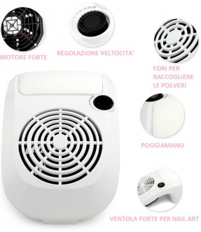 ASPIRATORE UNGHIE PROFESSIONALE DA TAVOLO 24W VENTOLA 12 CM REGOLAZIONE VELOCITA' 2 SACCHETTI PER ESTETISTA NAIL ART RICOSTRUZIONE CENTRO ESTETICO 