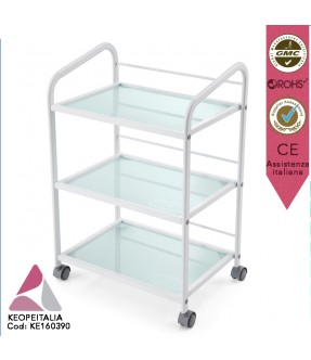 CARRELLO PORTATTREZZI BIANCO KEOPALIA ARC CON RUOTE 3 RIPIANI IN VETRO OPACO KE-160390 PER PARRUCCHIERE BARBIERE ESTETISTA CENTRO ESTETICO SPA