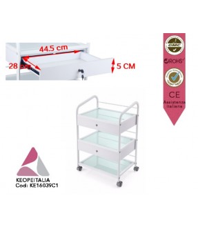 CARRELLO PORTATTREZZI BIANCO KEOPALIA ARC II CON RUOTE CASSETTO 3 RIPIANI IN VETRO OPACO KE-160390-2 PER PARRUCCHIERE BARBIERE ESTETISTA CENTRO ESTETICO SPA