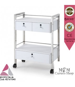 CARRELLO PORTATTREZZI 2 RIPIANI 3 CASSETTI KEOPALIA CUBIK LEGNO BIANCO INOX RUOTE KE-161040 PER BARBIERE PARRUCCHIERE CENTRO ESTETICO E SPA